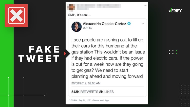 No, Rep. Alexandria Ocasio-Cortez didn’t tweet that electric cars are better than gas during a hurricane