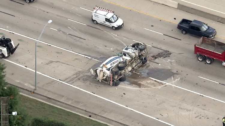 Overturned cement truck causes traffic headaches on I-30 in Dallas