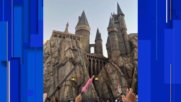 Parkgoers at Universal Studios raise their wands to honor Hagrid actor, Robbie Coltrane