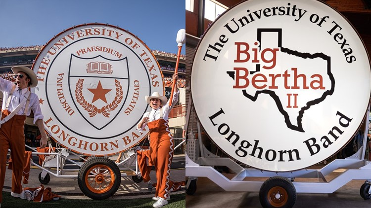 University of Texas band unveils new bass drum during football game against Iowa State