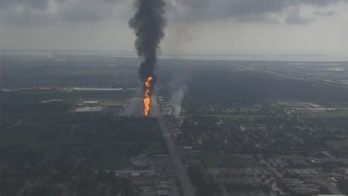 Heavy flames coming from La Porte pipeline, road closures and major evacuations underway