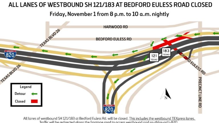 All westbound lanes of SH-121/183 at Bedford Euless Road to be shut down Friday night