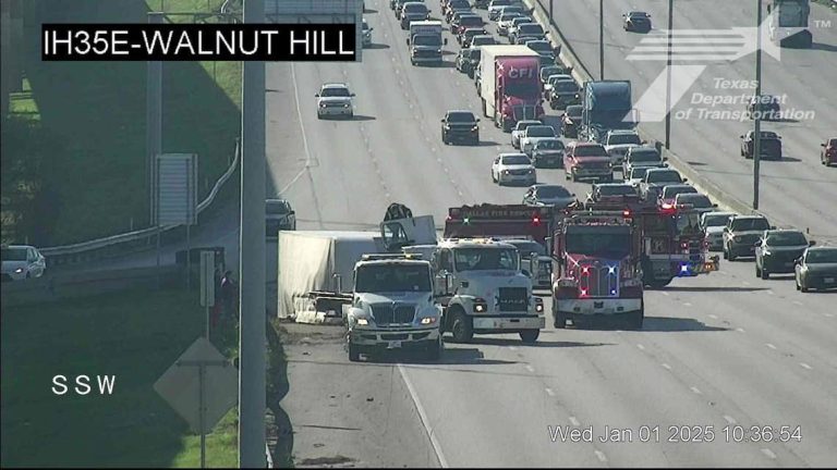 Multiple lanes closed along northbound I-35 due to overturned 18-wheeler