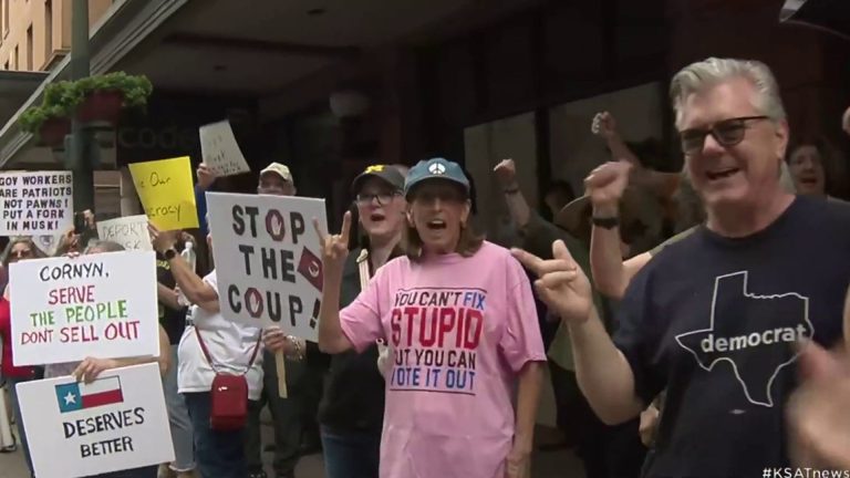 Demonstrators gather in downtown San Antonio to protest Elon Musk, ‘unelected influence’ over US government