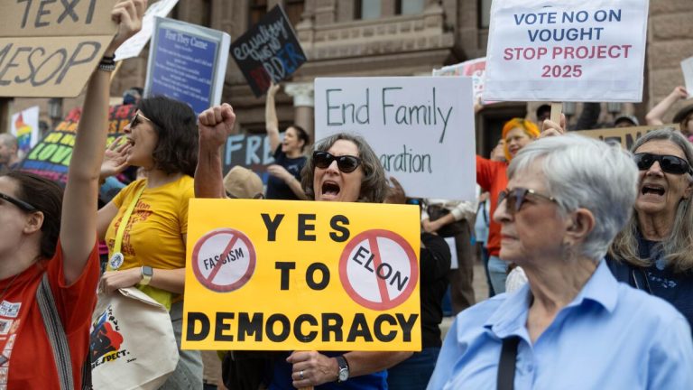 Hundreds of Texans gather at the Capitol in Austin to protest Trump policies, Project 2025