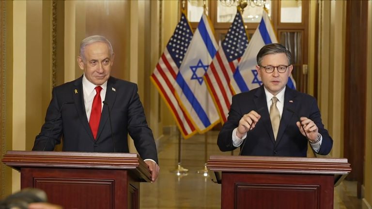 Benjamin Netanyahu and Mike Johnson speak at the Capitol