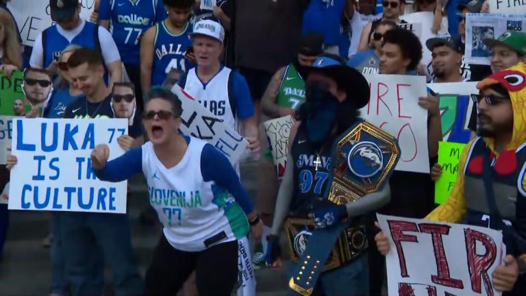 Mavs fans react to Luka Doncic trade, protest outside the AAC