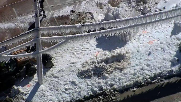 VIDEO: Water leak on North Texas road causes water to turn into ice